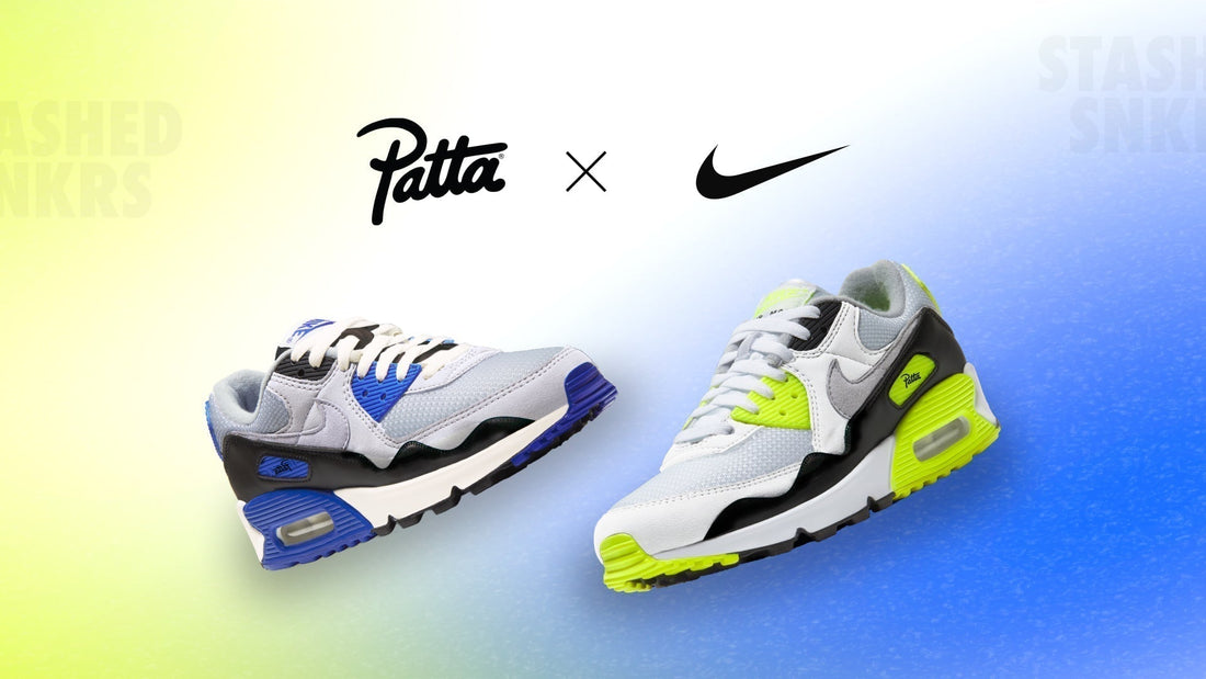 Patta x Nike Air Max 90 “Waves” Sapphire & Cyber sneakers on yellow-to-blue gradient hero banner with Patta and Nike logos